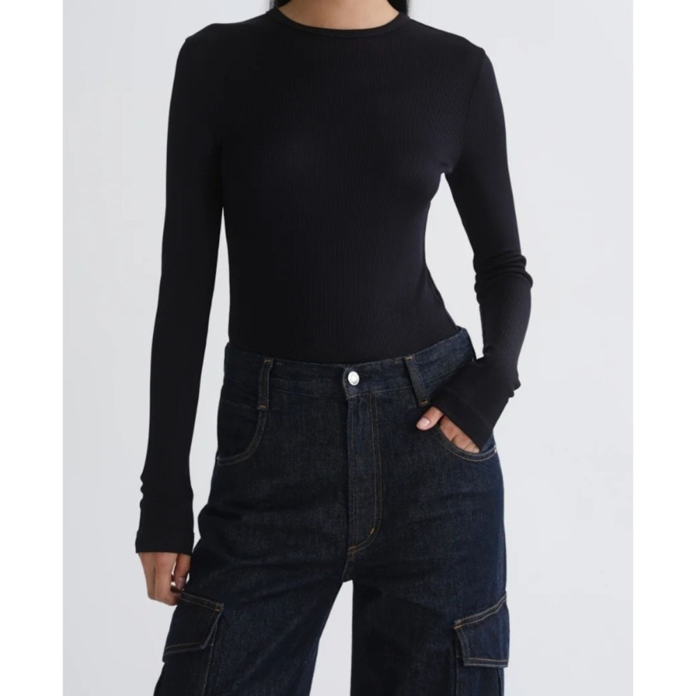 NEW Agolde Delphi Slim Tee Size Medium Black Ribbed Long Sleeve Crew Neck Top